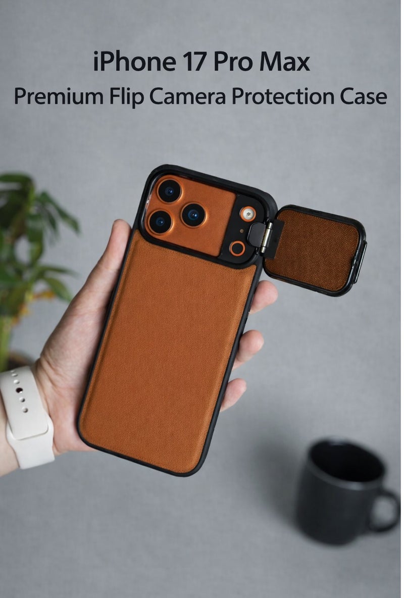 جراب حماية لهاتف آيفون 17 برو ماكس مع غطاء عدسة كاميرا قابل للطي، ظهر بني فاخر الملمس، غطاء نحيف ماص للصدمات، حماية كاملة للكاميرا، متوافق مع شبكات الجيل الخامس 5G - Image 1